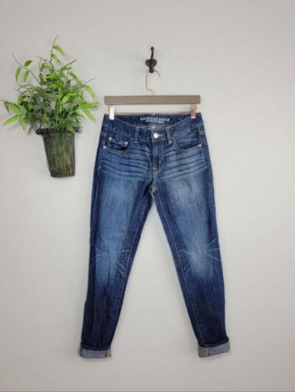 AE 0 American Eagle Boy Fit Boyfriend Crop Jeans Dark Blue Wash Low Rise Relaxed